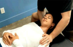 <p>Instructions</p><p>*Have client lie supine with legs straight and hands resting on the stomach.</p><p>*Have client raise their head off the bench, then place your hand underneath the client's neck supporting their head.</p><p>*Place your other hand on their shoulder and gently push their shoulder horizontally towards their feet. Stabilize the client's shoulder in this position before starting the neck stretch (ALWAYS STABILIZE FIRST).</p><p>*Then gently move the client's head laterally away from their shoulder.</p><p>*Warning: The small muscles of the neck can be easily damaged by applying too much force too quickly during this stretch. Apply force gently and very gradually, and ask for feedback from the client during this stretch.</p>
