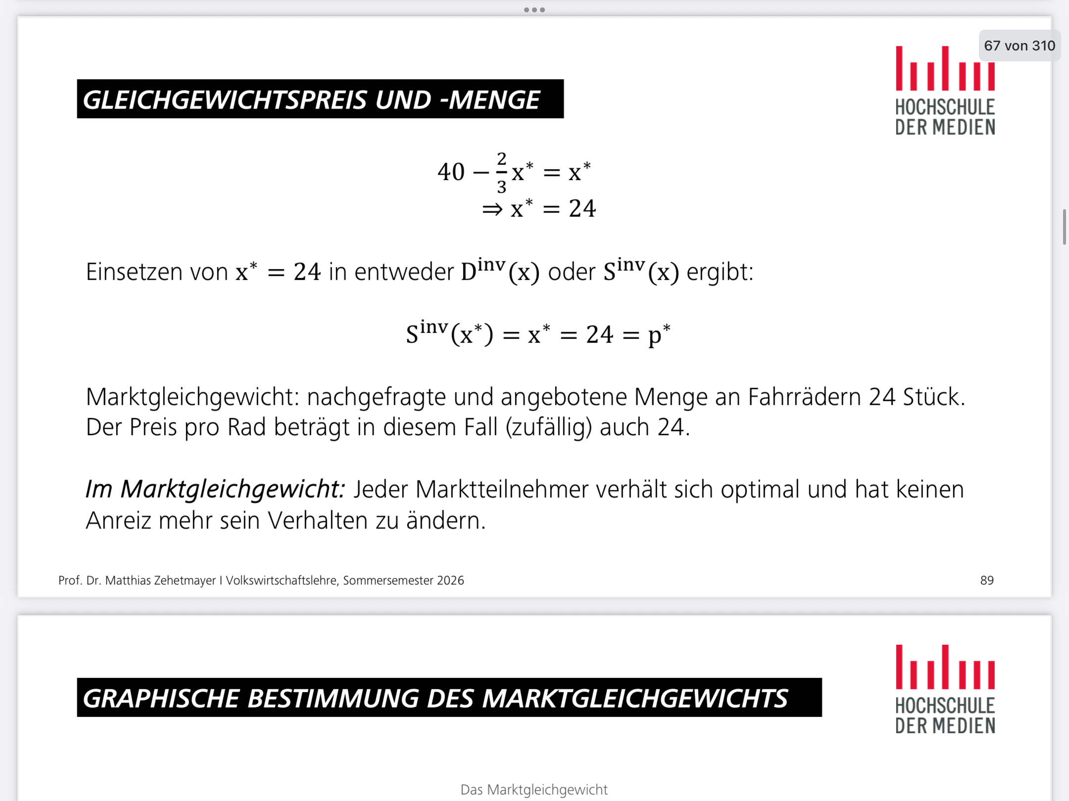 <p><span><span>Nein, beim Marktgleichgewicht sind der Gleichgewichtspreis und die Gleichgewichtsmenge nicht immer gleich, sondern sie sind jeweils die Werte von Preis und Menge, bei denen Angebot und Nachfrage übereinstimmen. Lass mich das genauer erklären:</span></span></p><p></p><ol><li><p><span><span>Gleichgewichtspreis (P*)</span><span><br></span></span></p><ul><li><p><span><span>Das ist der Preis, bei dem die nachgefragte Menge = angebotene Menge.</span></span></p></li><li><p><span><span>Beispiel: Wenn bei 5 € 100 Einheiten nachgefragt und angeboten werden, ist 5 € der Gleichgewichtspreis.</span></span></p></li></ul></li><li><p></p></li><li><p><span><span>Gleichgewichtsmenge (Q*)</span><span><br></span></span></p><ul><li><p><span><span>Das ist die Menge, die bei diesem Preis nachgefragt und angeboten wird.</span></span></p></li><li><p><span><span>Im Beispiel: 100 Einheiten → das ist die Gleichgewichtsmenge.</span></span></p></li></ul></li><li><p></p></li><li><p><span><span>Variabilität</span><span><br></span></span></p><ul><li><p><span><span>Der Gleichgewichtspreis und die Gleichgewichtsmenge hängen von der Form von Angebot und Nachfrage ab.</span></span></p></li><li><p><span><span>Ändert sich die Nachfragekurve (z. B. durch höhere Einkommen) oder die Angebotskurve (z. B. durch Produktionskosten), ändern sich Preis und Menge meist unterschiedlich.</span></span></p></li><li><p><span><span>Es gibt keine Regel, dass P* = Q*; oft sind es komplett verschiedene Zahlen und Einheiten.</span></span></p></li></ul></li><li><p></p></li></ol><p></p><p></p><p><span data-name="bulb" data-type="emoji">💡</span><span><span> Merksatz:</span></span></p><p></p><p><span><span>Gleichgewicht heißt nur „Angebot = Nachfrage“, nicht „Preis = Menge“.</span></span></p><p></p><p><span><span>Wenn du willst, kann ich dir eine grafische Skizze des Marktgleichgewichts machen, die zeigt, wie Preis und Menge zusammenhängen. Willst du, dass ich das tue?</span></span></p>
