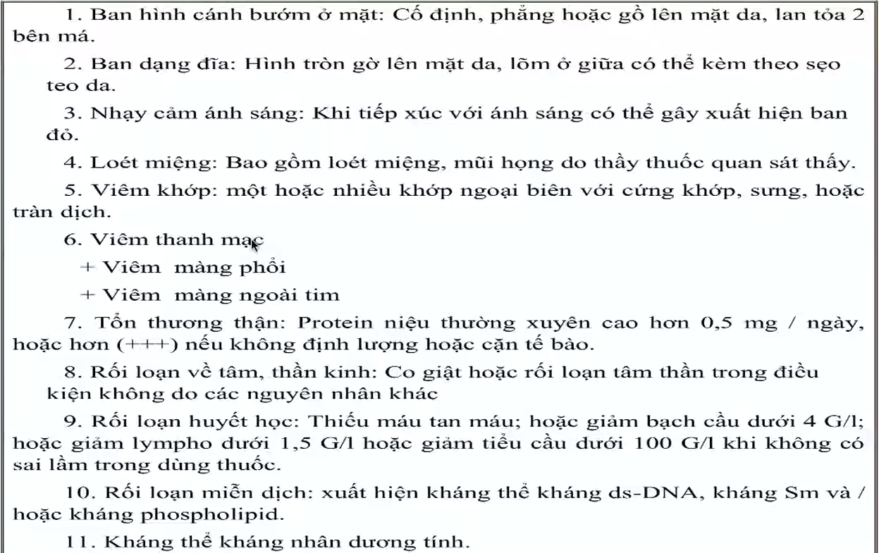 <p>Chẩn đoán lupus ban đỏ hệ thống chuẩn<mark data-color="#ce0f0f" style="background-color: rgb(206, 15, 15); color: inherit;"> ACR 1982 / 1997</mark></p>