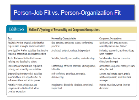 <p>Identifies six personality types and proposes that</p><p>the fit between personality type and occupational</p><p>environment determines satisfaction and turnover.</p><p></p><p><u>Personality types</u></p><ul><li><p>realistic</p></li><li><p>investigative</p></li><li><p>social</p></li><li><p>conventional</p></li><li><p>enterprising</p></li><li><p>artistic</p></li></ul><p></p>