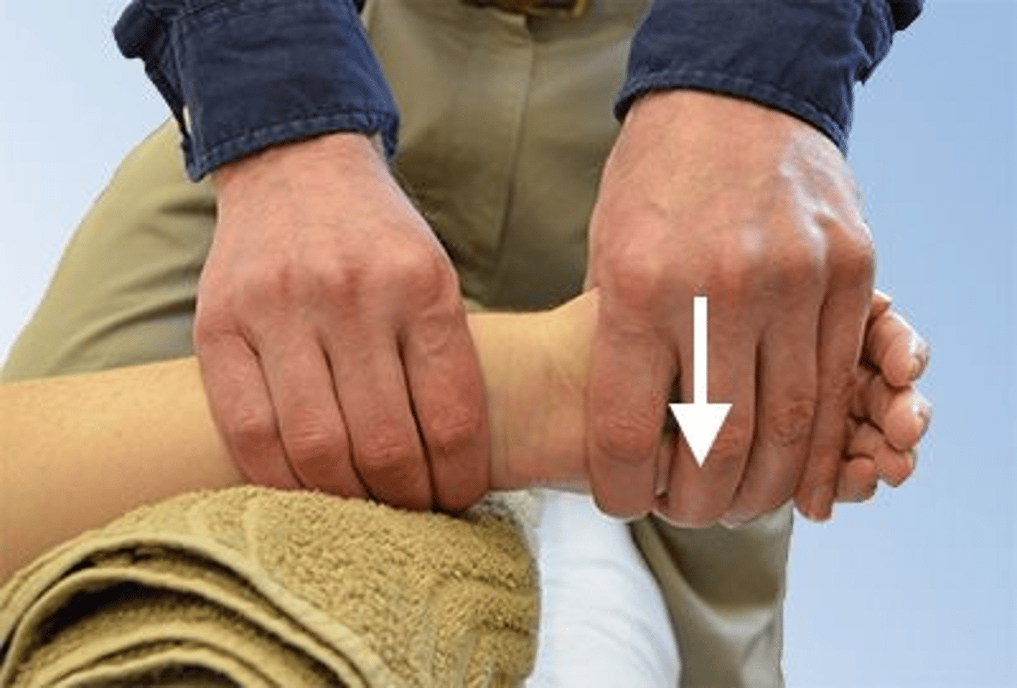 <p>1,1</p><p>1. The physical therapist is shown performing an ulnar glide, which is the same joint motion used for radial deviation. Limited motion in this direction indicates limited ability to perform radial deviation.</p><p>2. The physical therapist is shown performing an ulnar glide. A radial glide should be used to assess ulnar deviation.</p><p>3. The physical therapist is shown performing an ulnar glide. A dorsal glide should be used to assess wrist flexion.</p><p>4. The physical therapist is shown performing an ulnar glide. A volar glide should be used to assess wrist extension.</p>
