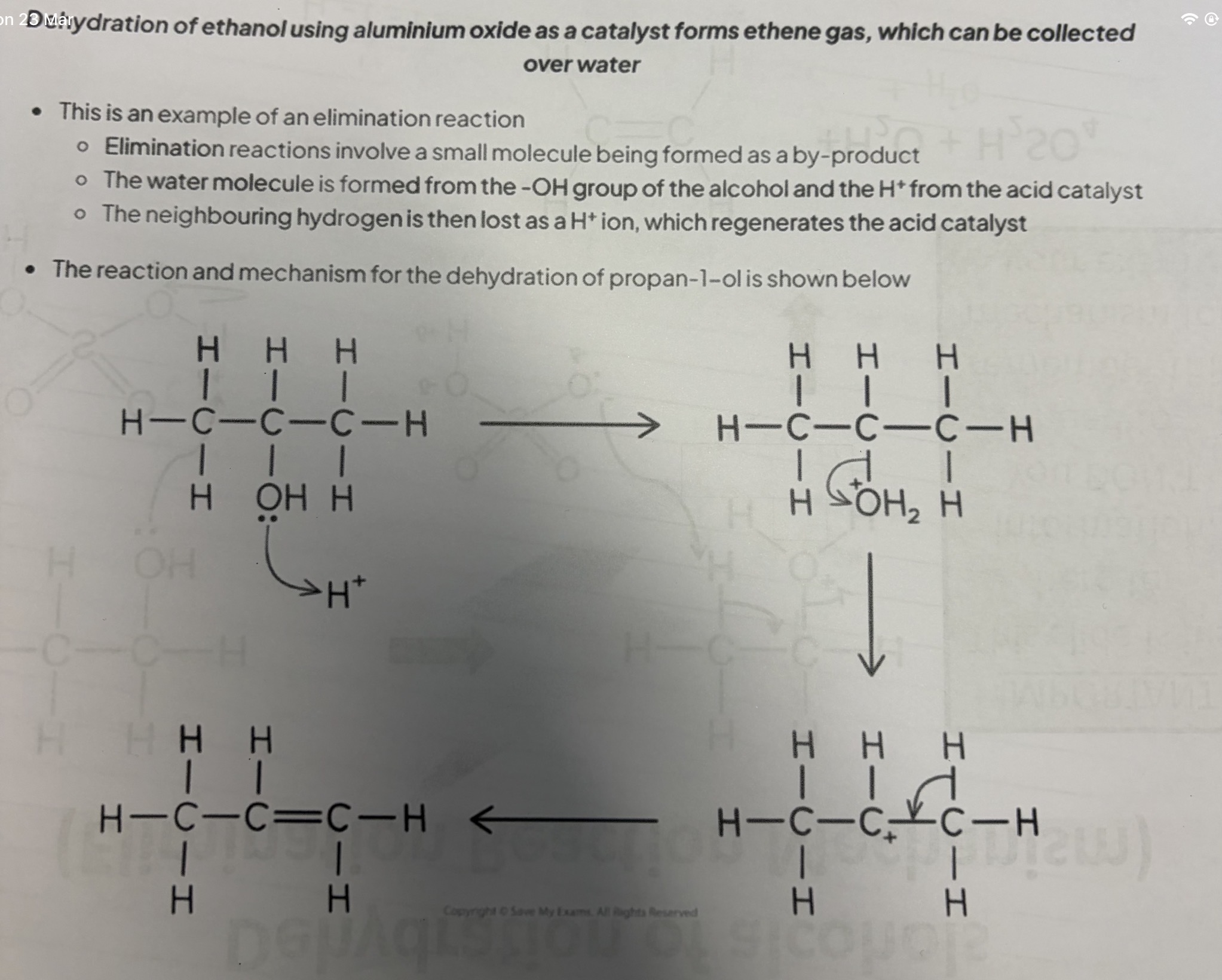 <p>in the image it shows Butan-2-ol reacting with aluminium oxide (conc phosphoric acid and sulfuric acid would also be represented by H+ since they are all acids in this elimination reaction)</p><p>Example of the elimination reaction mechanism with propan-2-ol and aluminium oxide(note- These acid catalysts can be represented as H+)</p><p>Explanation:</p><ol><li><p>The lone pair on the OH transfers its lone pair to the H+ from the acid and this forms a bond and creates water and the O becomes + whilst H+ becomes neutral.</p></li><li><p>The bond attaching the carbon and H2O breaks and the shared pair of electrons go the the O which eliminates water and the C becomes positive.</p></li><li><p>A bond between H and C is broken and the shared electrons move to the carbon carbon bond which has the C+. This forms a double bond between the carbon and causes the C+ to become neutral. The H is also removed.</p></li><li><p>This forms propene.</p></li></ol><p></p><ol start="5"><li><p>Draw the mechanism for the dehydration of propan-1-ol when it reacts with an acid.</p></li></ol><ol><li><p>Draw the reaction mechanism when butan-1-ol with H2SO4 under reflux?</p></li></ol><p></p>