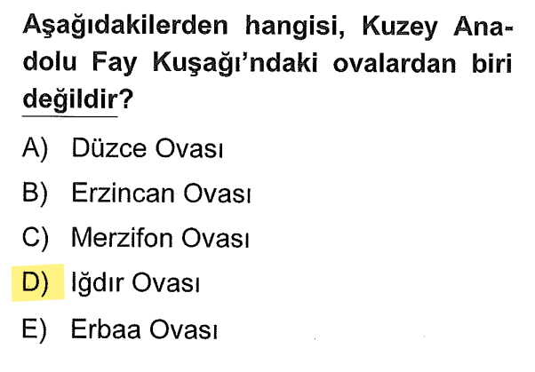 <p>Düzce, Erzincan, Merzifon ve Erbaa ovaları KAF hattı üzerindeki çöküntü alanlarıdır. <strong>Iğdır Ovası</strong> ise Doğu Anadolu'da, çevresine göre alçakta kalan bir <strong>mikroklima</strong> alanıdır ve KAF'ın ana gövdesi üzerinde değil, daha doğuda bağımsız bir tektonik çöküntüdür.</p>