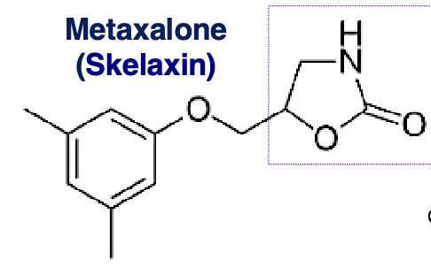 <ul><li><p>general CNS depressant with no significant anticholinergic effects</p></li><li><p>lack of abuse, few ADE and relatively low degree of sedation</p></li><li><p>contains 2-oxazolidinone</p></li><li><p>aromatic ether</p></li></ul><p></p>