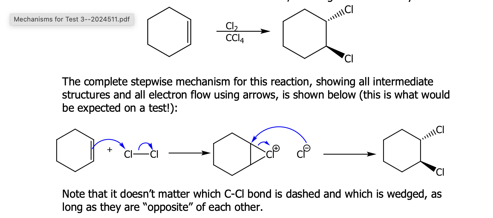 <p><span>Example: When cyclohexene reacts with chlorine in carbon tetrachloride the</span><br><span>trans-dichloride is formed. </span></p>