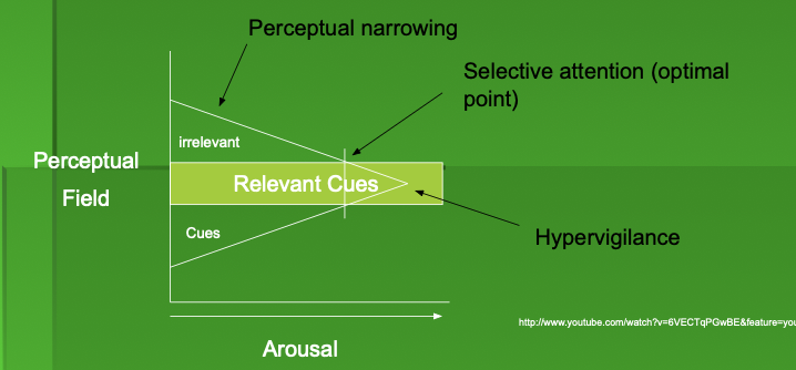 <p>Extreme levels of arousal can cause such acute levels of perceptual narrowing that a person is not able to concentrate or make decisions effectively, and can even affect the smooth control of physical movements. This is known as the ‘blind panic’ or hypervigilance</p><p>under arousal </p><p></p><p>in squash focus on the ball and run into the wall - hypervigilence   </p>
