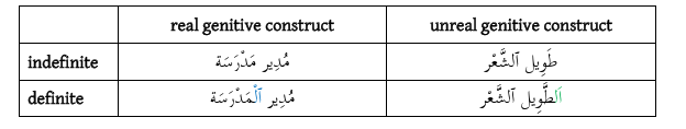 <ul><li><p>In a real genitive construct, the state of definiteness of the second element determines the state of definiteness of the entire phrase- The first element is always considered definite, so it never takes for example the definite article</p></li><li><p>HOWEVER for unreal genitive constructs, <strong>the second element is always definite by the article</strong>, regardless of whether the entire phrase is definite or not. </p></li><li><p><strong>The state of definiteness of the first element </strong>determines the definiteness of the entire phrase.</p></li><li><p></p></li></ul><p></p>