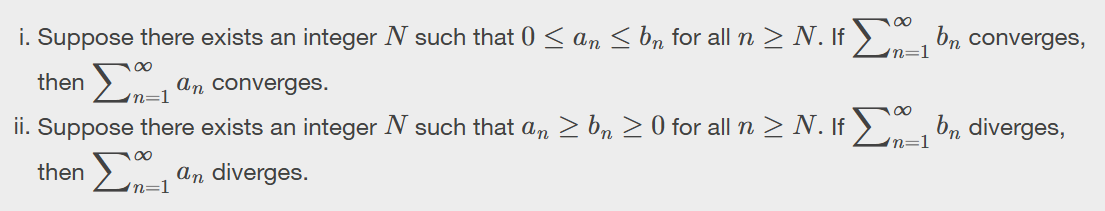 <p>Compare one function we don’t know how to do with another function we know how to do</p><p>for any series an, we want to find a bn, such that bn is always less than an and greater than 0</p><p>0≤an≤bn OR an≥bn≥0</p>