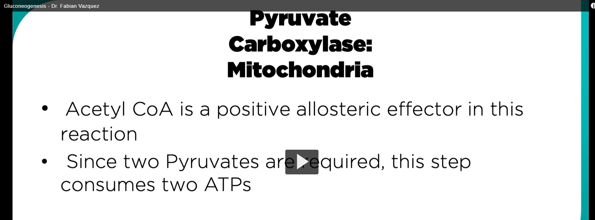<p><strong>Acetyl-CoA</strong> is a <strong>positive allosteric effector</strong> in this <strong>reaction. </strong>(lots of Acetyl-CoA means to proceed with the reaction because we are going backwards). </p><p><strong>since two pyruvates </strong>are <strong>required, </strong>this step <strong>consumes</strong> <strong>two ATPs. </strong></p>