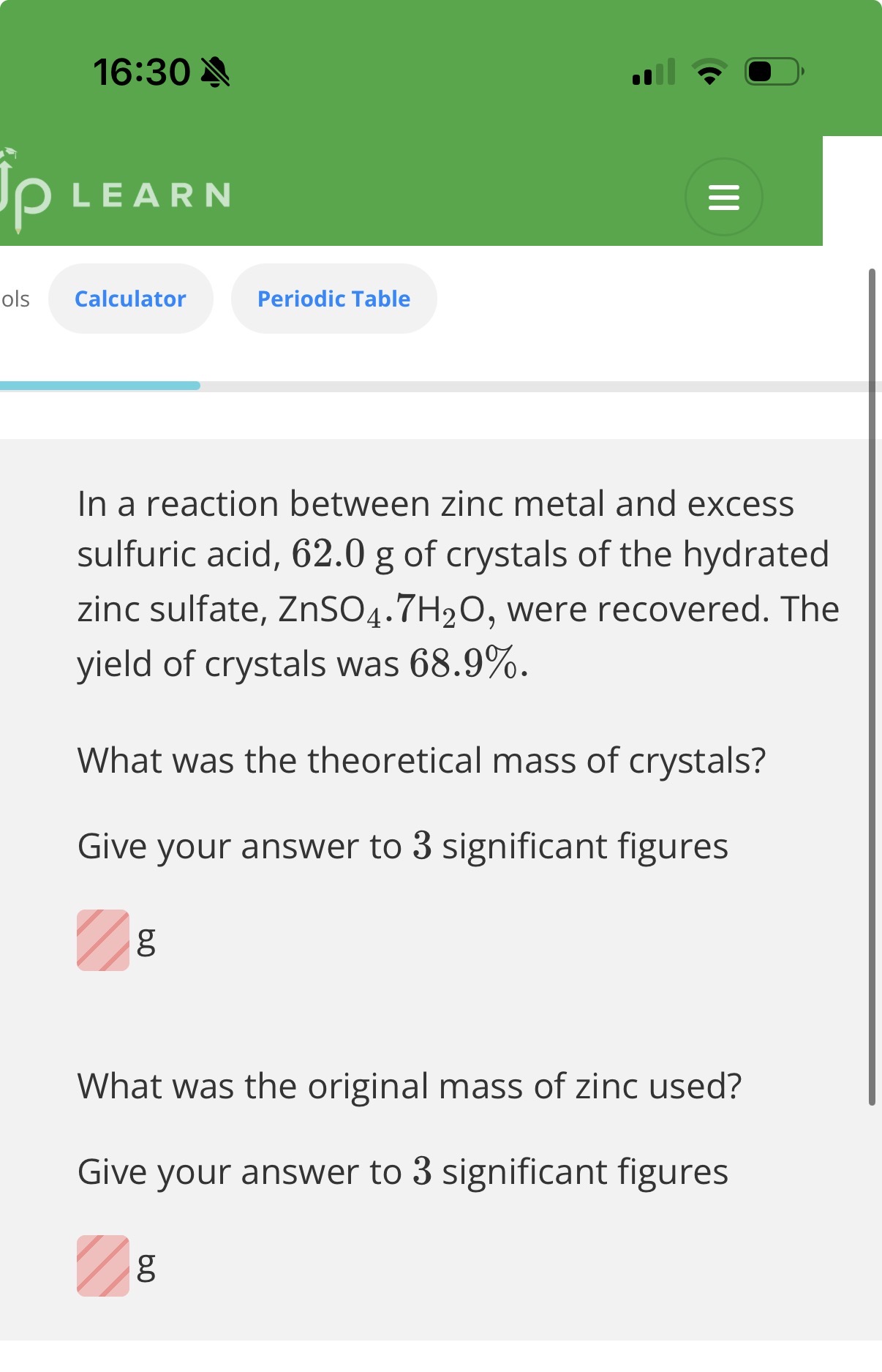 <p><span><strong><span>Does x Have to be a Whole Number?</span></strong></span></p><ol><li><p><span style="font-size: var(--ck-content-font-size);"><span>Jas performs an experiment heating hydrated copper sulfate, but fails to heat the crystals enough to remove all the water of crystallisation. This would mean the measurement he uses for...</span></span></p></li></ol><p><span style="line-height: 0.75rem;"><span>Correct answersYour answers</span></span></p><p class="sc-fQpSrZ bvYkPV"><span style="font-size: var(--ck-content-font-size);"><span>A: the mass of anhydrous copper sulfate is too high</span></span></p><p class="sc-fQpSrZ bvYkPV"><span style="font-size: var(--ck-content-font-size);"><span>B: the mass of hydrated copper sulfate is too high</span></span></p><p class="sc-fQpSrZ bvYkPV"><span style="font-size: var(--ck-content-font-size);"><span>C: the mass of anhydrous copper sulfate is too low</span></span></p><p class="sc-fQpSrZ bvYkPV"><span style="font-size: var(--ck-content-font-size);"><span>D: the mass of hydrated copper sulfate is too low</span></span></p><p class="sc-fQpSrZ bvYkPV"></p><ol start="2"><li><p class="sc-fQpSrZ bvYkPV"><span style="font-size: var(--ck-content-font-size);"><span>What experimental errors could lead to an incorrect value for x.</span><span><br></span></span></p><p class="sc-fQpSrZ sc-jrISjm fmbeOa jQioZF"><span style="font-size: var(--ck-content-font-size);"><span>Select all that apply</span></span></p><p class="sc-fQpSrZ bvYkPV"><span style="font-size: var(--ck-content-font-size);"><span>A: The hydrated crystals weren’t heated to remove all the water of crystallisation</span></span></p><p class="sc-fQpSrZ bvYkPV"><span style="font-size: var(--ck-content-font-size);"><span>B: The hydrated crystals lost some water to the surroundings before they were weighed</span></span></p><p class="sc-fQpSrZ bvYkPV"><span style="font-size: var(--ck-content-font-size);"><span>C: The anhydrous crystals formed after heating absorbed some water from the surroundings before they were weighed</span></span></p><p class="sc-fQpSrZ bvYkPV"><span style="font-size: var(--ck-content-font-size);"><span>D: The resultant anhydrous crystals lost some water to the surroundings before they were weighed</span></span></p></li></ol><p></p><p>3.<span style="font-size: var(--ck-content-font-size);"><span>A lab technician left a 10.0g sample of hydrated copper sulfate, CuSO4.⁢xH2O in a beaker overnight. The day after she reweighed the sample and found it had a mass of 9.8g.</span><span><br></span><span><br></span><span>This change in mass suggests that, over the course of the night, the value of xhas...</span></span></p><p><span style="line-height: 0.75rem;"><span>Correct answersYour answers</span></span></p><p class="sc-fQpSrZ bvYkPV"><span style="font-size: var(--ck-content-font-size);"><span>A: decreased, because water of crystallisation is lost to the environment.</span></span></p><p class="sc-fQpSrZ bvYkPV"><span style="font-size: var(--ck-content-font-size);"><span>B: decreased, because copper sulfate is lost to the environment.</span></span></p><p class="sc-fQpSrZ bvYkPV"></p><ol start="4"><li><p class="sc-fQpSrZ bvYkPV">Answer image q?</p></li></ol><p></p>