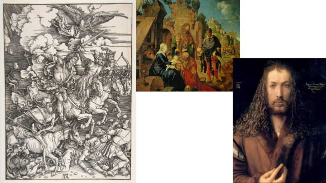 <ul><li><p>Self Portrait 1500. Worked in paintings and woodcuts. Painted The Four</p></li></ul><p>Horseman of the Apocolypse in 1498, and the Adoration of the Magi</p>