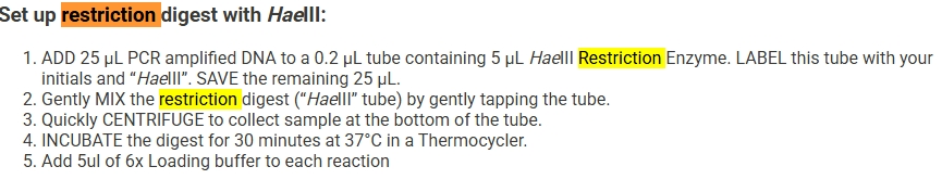 <p><span style="font-size: medium;">the PCR-RFLP method to examine the presence of an amino acid coding SNP. Students will use the PCR to amplify a polymorphic region of the </span><em>TAS2R38</em><span style="font-size: medium;"> gene. The amplified DNA will be digested with the restriction enzyme </span><em>Hae</em><span style="font-size: medium;">III to determine their genotype at position 145, which correlates with the ability to taste PTC. Agarose gel electrophoresis of the restriction-digestion PCR products will reveal the 2 alleles of the </span><em>TAS2R38</em><span style="font-size: medium;"> gene, indicating whether a student is homozygous or heterozygous for the taster phenotype, or a homozygous non-taster. In the final module, students will test their ability to taste the bitter PTC and correlate their genotype with their phenotype</span></p>