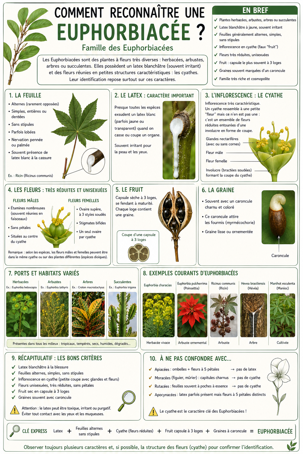 <p>Les Euphorbiaceae sont très variables morphologiquement, mais un critère fondamental permet de les reconnaître : la présence de latex blanc ou coloré souvent toxique, visible lorsqu’on casse une tige ou une feuille.</p><p>Les feuilles sont généralement alternes, simples, avec des stipules, et présentent une nervation pennée ou palmée. Certaines espèces peuvent avoir des formes très particulières (plantes succulentes, épineuses…).</p><p>Les fleurs sont très réduites et souvent unisexuées, parfois sans pétales. L’inflorescence typique chez les euphorbes est le cyathium, qui ressemble à une fleur mais est en réalité un regroupement de fleurs mâles et femelles très simplifiées.</p><p>L’ovaire est supère et le fruit est une capsule triloculaire qui s’ouvre en trois parties.</p><p>Résumé : “latex + fleurs simplifiées = Euphorbiaceae”.</p>
