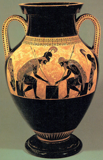 <p>Archaic Greek pottery style with black figures and incised details</p>