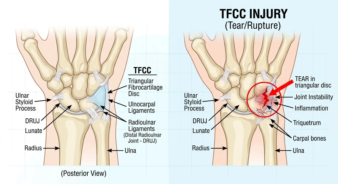 <p>-TFCC or Triangular Fibrocartilage Complex injury </p><p>-MOI: FOOSH w/ supination/chronic rotational loading (racket sports)</p><p>-Ligamentous Support: Ulnolunate, Ultotriquetral, UCL, RU</p><p>Symptoms: Pain @ medial wrist at distal ulna increased with gripping and end range supination/pronation. TTP @ dorsal depression (ulna fovea). Mobility of carpals into UD elicits painful crepitation. Passive supination + UD reproduces pain. </p><p>+Ulnar Variance</p>