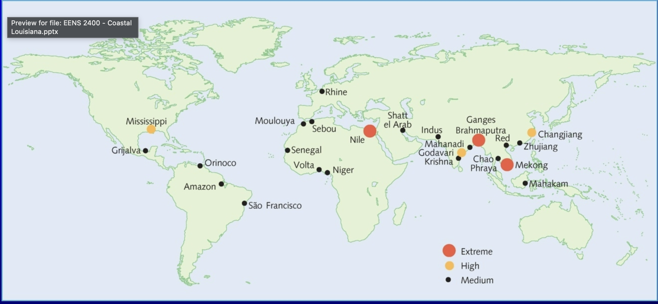 <p>it is showing were the most extreme risk is for each delta, south east asia is low lying and is going to go under,</p><p>this image goes with the nightime light one, the highest populatin densisites are at deltas that are the most vulnerable</p>