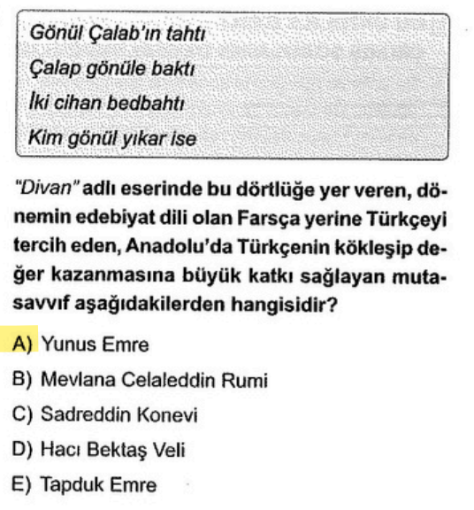 <p>Yunus Emre, Risaletü'n-Nushiyye ve Divan adlı eserleriyle Türkçenin Anadolu'da bir edebiyat ve tasavvuf dili olarak yerleşmesine büyük katkı sağlamıştır.</p>