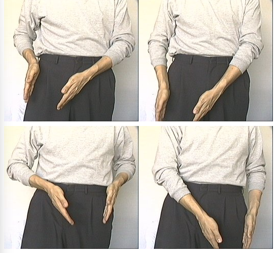 <p>both hands palms face in and fingers point downward and outline each pantleg motion</p>
