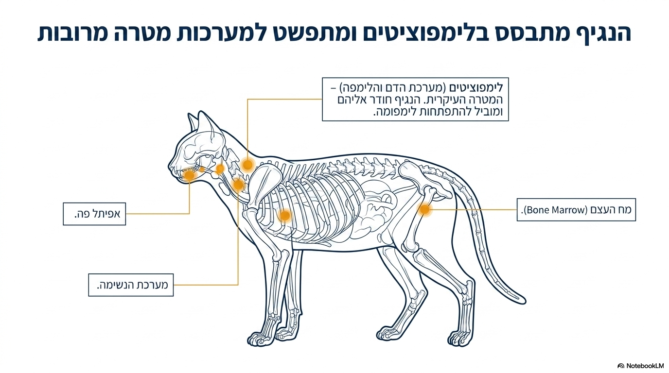<p></p><ul><li><p><strong>תאי המטרה בגוף:</strong> הנגיף חודר לתוך ה<strong>לימפוציטים</strong> (תאי מערכת החיסון) וגורם ללימפומה. בנוסף, הוא מופיע בתאי <strong>אפיתל הפה</strong>, ב<strong>מערכת הנשימה</strong> וב<strong>מח העצם</strong>.</p></li></ul><p></p>
