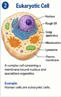 A complex cell containing a membrane bound nucleus and specialized organelles. Example: Human cells are eukaryotic cells.