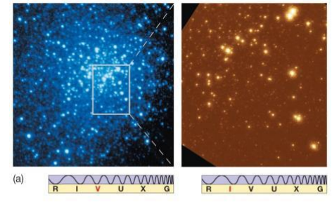<ul><li><p>a. uncorrected visible light</p></li><li><p>b. infrared and adaptive optics have been applied; improved by a factor of 10 allows more stars to be seen more clearly</p></li></ul><p></p>