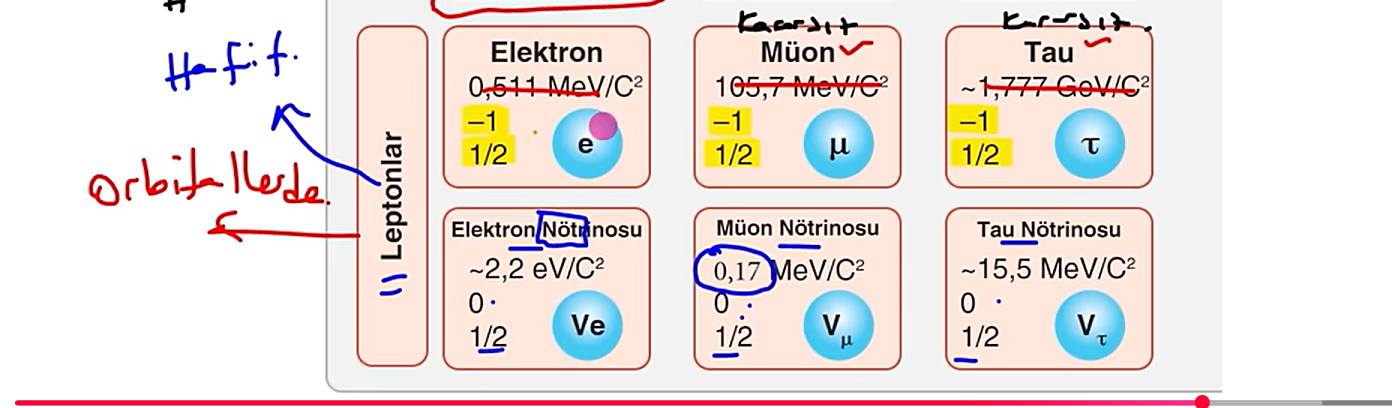 <p>Orbitallerde bulunurlar.Müon ve tau kararsız olduğu için hemen oluşur ve yok olurlar nötrinolar ise yüksüz oldukları için orbitalde bulunamazlar böylece bir orbitallerde sadece elektronları görürüz.Nötrinolar yüksüz ve çok hafif oldukkları için güneşten milyarlarca gelsede bizi etkilemez.</p>