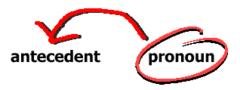 <p>The word, phrase, or clause referred to by a pronoun.</p>