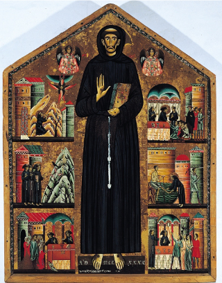 <p>Bonaventura Berlinghieri San Francesco, Pescia, Italy, 1235, Tempera on wood</p><p>-marks an important moment in how religious figures—especially new saints—were represented and understood in medieval Europe.</p><p>-influenced by Byzantine art</p><p>-Remember, many couldn’t read, so the altarpiece functioned as a visual lesson about Saint Francis</p><p></p>
