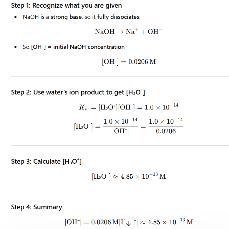 <p>This is an equation where you need kw, you know this because you’re given a Strong base (or if given a strong acid same idea), the (M) for the strong base will be the same for its relevant group (OH) , and you need to use kw to solve for the H3O group, it’s opposite ion</p><p></p><p></p>