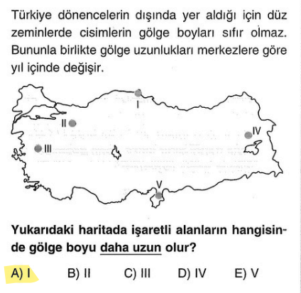 <p>Türkiye Kuzey Yarım Küre'dedir. Kuzeye (kutuplara) gidildikçe güneş ışınları daha eğik gelir, bu da gölgeyi uzatır.</p>