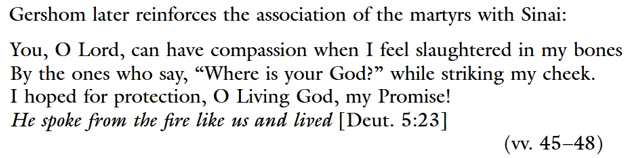 <p><span style="background-color: aqua;">represent martyr’s death as moment personal redemption & transfiguration</span>/ revelation + packed w/allusiosn to prophetic/ divine revelation</p><ul><li><p><span style="font-family: "Segoe UI Emoji", sans-serif;">AIM: (</span><span data-name="latin_cross" data-type="emoji">✝</span><span style="font-family: "Segoe UI Emoji", sans-serif;">) martyrdom would elevate their status as Jews (</span><span data-name="star_of_david" data-type="emoji">✡</span><span style="font-family: "Segoe UI Emoji", sans-serif;">) martyrdom would <u>expiate their sins</u></span></p></li><li><p><span data-name="link" data-type="emoji">🔗</span><span style="font-family: "Segoe UI Emoji", sans-serif;"> </span>Sinai motif God on fire: analagous to God being revealed… since countering/ counter-argum. Christian accusations that Jewish executions meant God had abandoned them → use motifs to claim it’s the opposite - Gershom</p></li></ul><p></p>