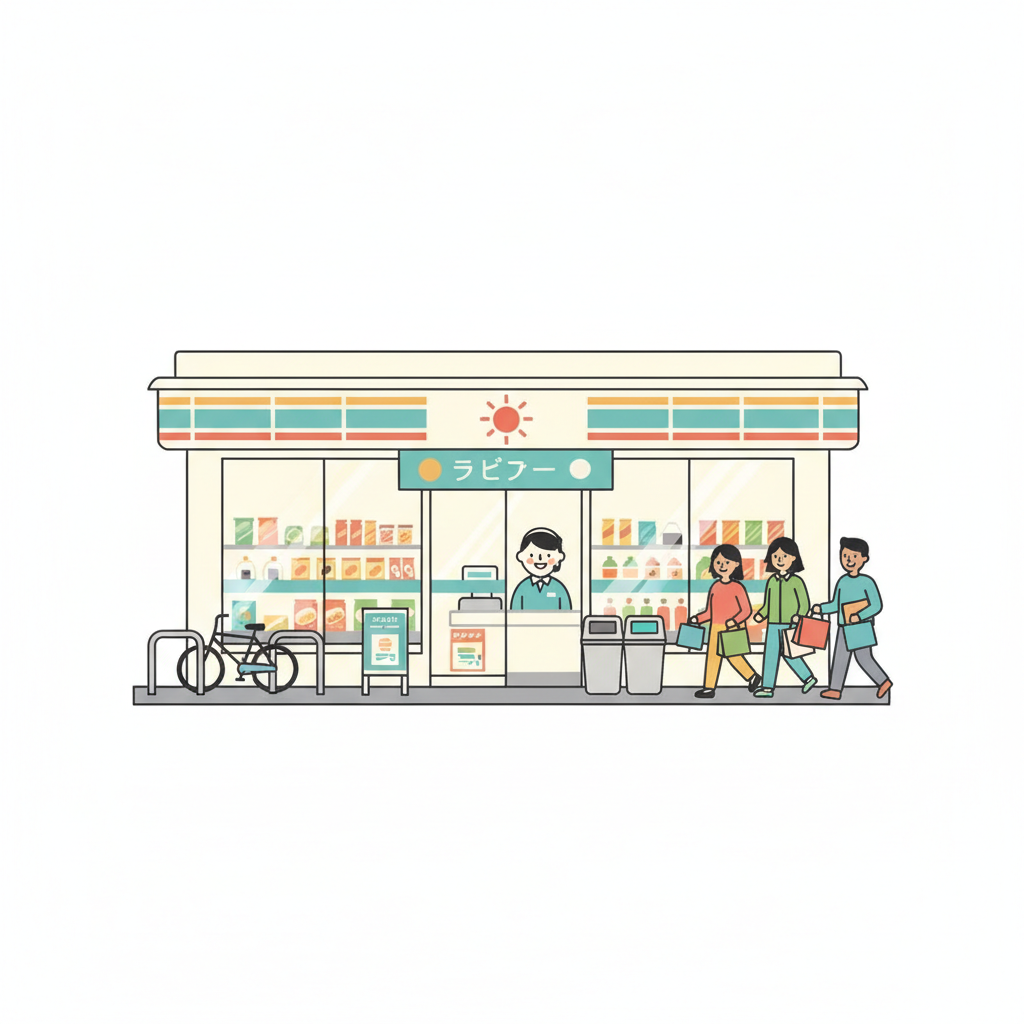<p>cửa hàng tiện lợi<br><br>コンビニでかいます。</p>
