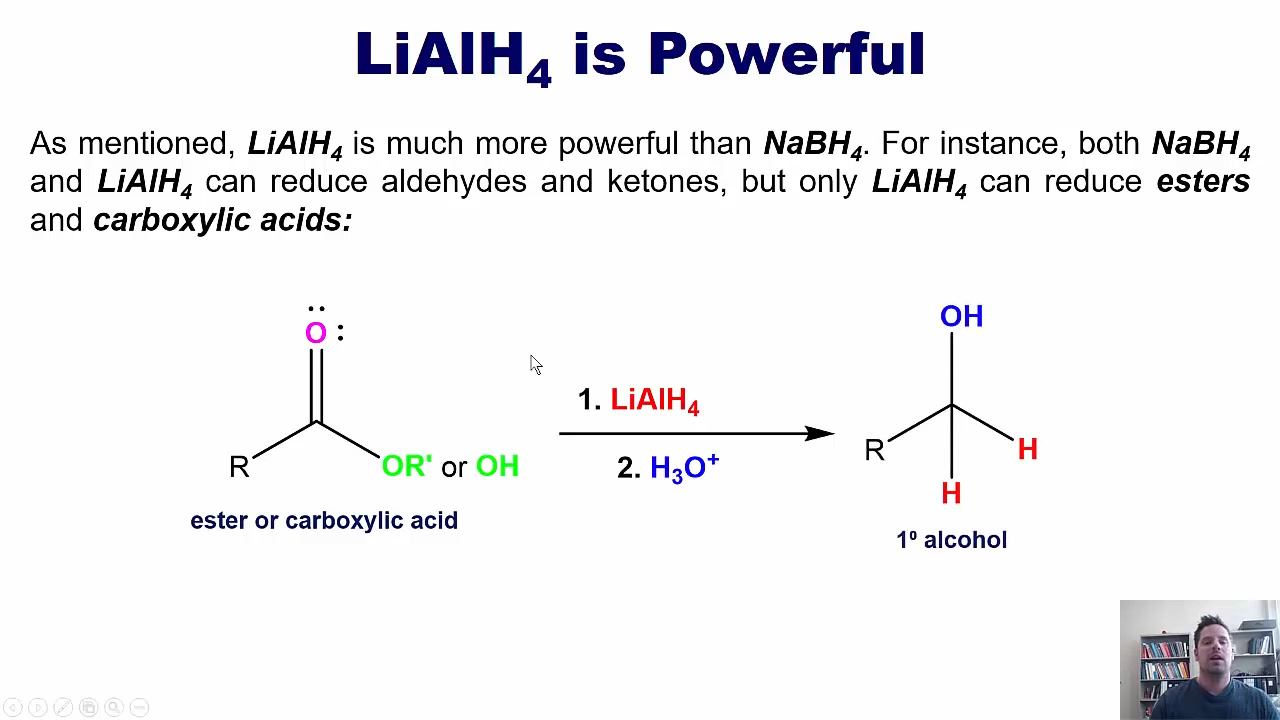 <p>Only it can reduce all the way to a primary alcohol (gets rid of OH or ester) and reduces to an OH. </p>