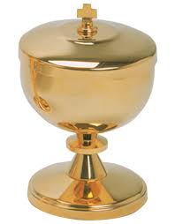 <p>large cup or container of precious metal with a lid of the same material, which holds the body of Christ after the consecration and us used for distribution of Holy Communion and storage of Hosts in tabernacle</p>
