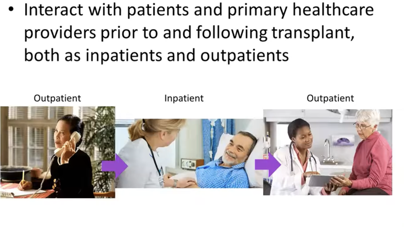 <ul><li><p>see patients through tranpslant process </p></li></ul><p></p>