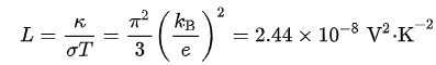 <p>$$\frac{\kappa}{\sigma} = LT$$ </p><p></p><p>thermal conductivity (κ)</p><p>electrical conductivity (σ)</p><p>proportionality constant, Lorenz number (L)</p>