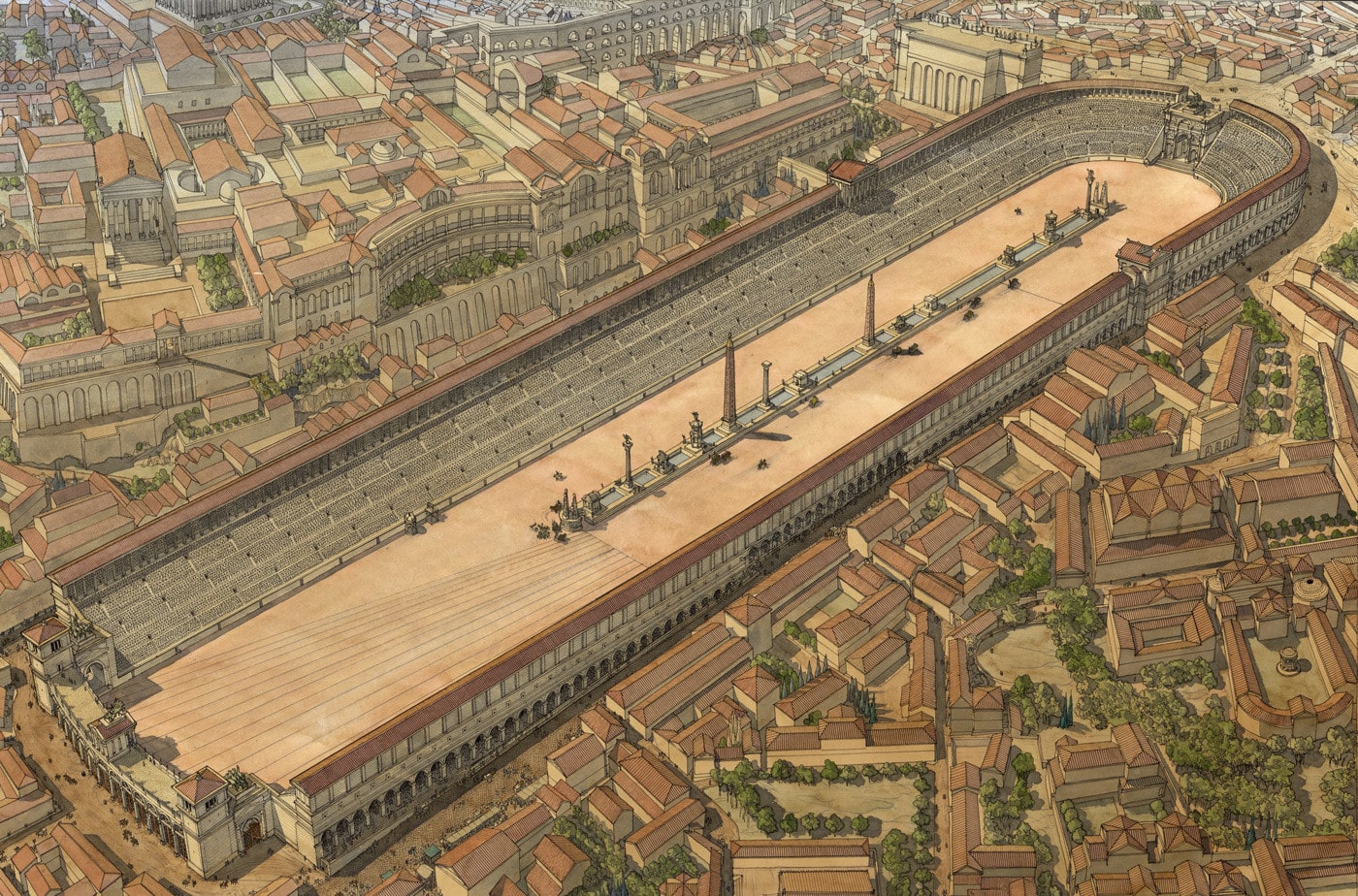<p>Can hold 250,000 spectators, long oval-shaped stadium</p>