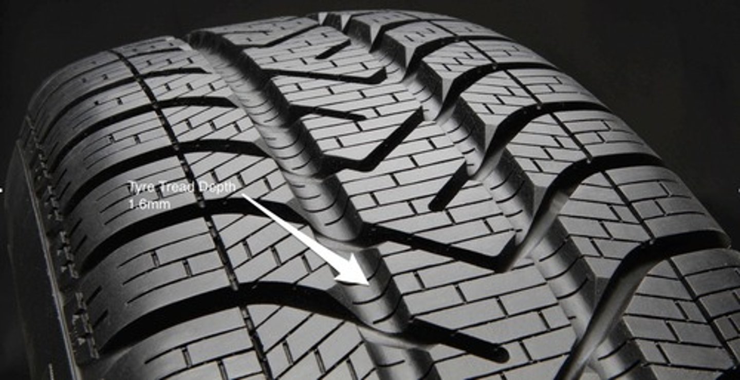 <p>Ensure that the tyres have no cuts or bulges, and that there is at least 1.6 mm of tread depth across the central ¾ of the breadth of the tyres and around the entire outer circumference.</p>