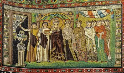 <ul><li><p>Shows Empress Theodora, wife of Justinian I, surrounded by members of the imperial court and carrying a golden chalice for the Eucharist. </p></li><li><p>Her rich clothing, jewelry, halo, and central position emphasize her wealth, status, and imperial authority.</p></li><li><p>Connected royal authority with Christianity and divine approval. </p></li><li><p>Shows how rulers used religious imagery, luxury, and ceremony to present themselves as powerful figures whose authority was supported by God.</p></li></ul><p></p>