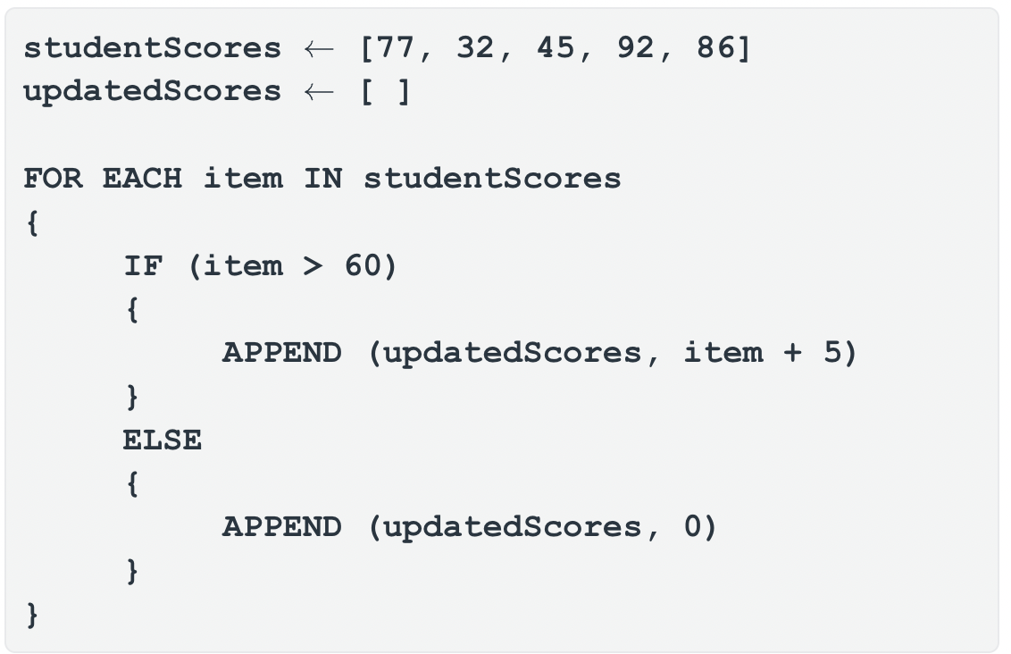 <p><span>Based on the CollegeBoard requirements of traversals, what will be stored in updatedScores after this code segment is run?</span></p><p></p><p>A. [5, 0, 0, 5, 5]</p><p>B. [77, 37, 50, 92, 86]</p><p>C. [0, 37, 50, 0, 0]</p><p>D. [82, 0, 0, 97, 91]</p>