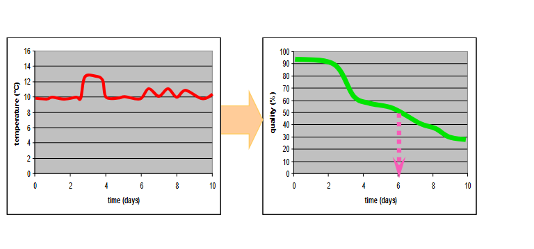 <ul><li><p>Time temperature indicator</p></li><li><p>Provide visual indications of the cumulative effects of the temperature history and are used as freshness indicators for estimating remaining shelf life</p></li><li><p>See picture: on day four there was an increase in temp to it can be assumed that that decreased the quality</p></li></ul><p></p>