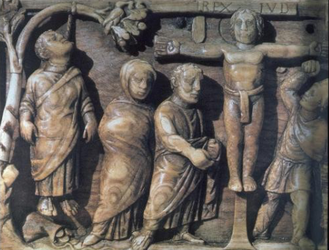 <p>Suicide of Judas and Crucifixion, ivory casket, c. 420</p>