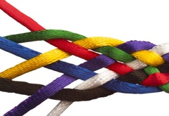 <p>to be or become very closely connected with something/somebody else</p>