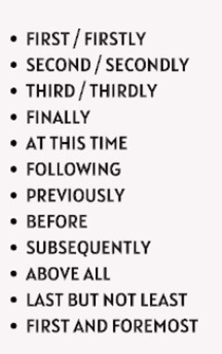 <p>Used as a sequence of ideas or events.</p><p>EXAMPLES:</p><p>- Firstly</p><p>- Subsequently</p><p>- Finally</p><p>- Next</p>