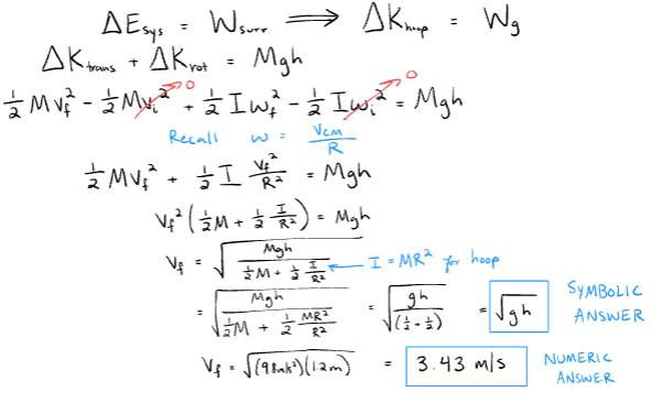 <p>set delta energy of the system, which is delta k_trans + delta k_rot, to work done by surroundings, which is work done by gravity. remember to convert omega(w) to v_cm/R. also, inertia from a hoop is MR².</p>