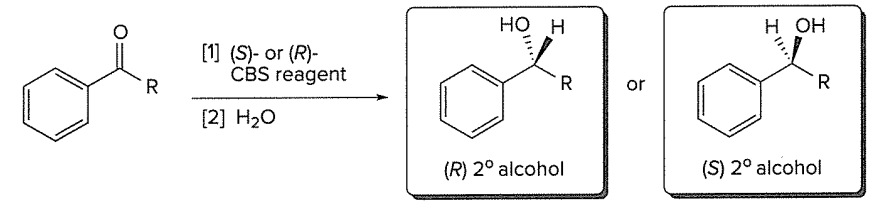 <p>[1] (S) or (R) - CBS reagent </p><p>[2] H2O</p><p>**ONLY FORMS A SINGLE ENANTIOMER DEPENDING ON R or S</p>
