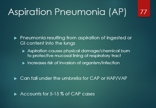 <p></p><p><span style="font-family: "Wingdings 3";">u</span><span style="font-family: "Century Gothic";">Aspiration causes physical damage/chemical burn to protective mucosal lining of respiratory tract</span></p><p>like falling and scraping knee… u don’t always get skin infection, but it puts you at risk bc you’re  destroying that physical barrier… just like scarping your knee it rarely truly causes something to worry about</p><p></p>