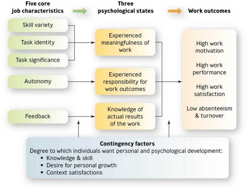 <ul><li><p>5 core job characteristics affect three psychological states which affect work outcomes </p></li><li><p>3 steps to apply model: </p><ul><li><p>diagnose work environment to see whether a problem exists </p></li><li><p>determine whether job redesign appropriate </p></li><li><p>consider how to redesign job </p></li></ul></li></ul><p></p><ul><li><p>task identity (are u in charge)</p></li><li><p>task significance (imporatnce/impact more than u)</p></li></ul><p></p>