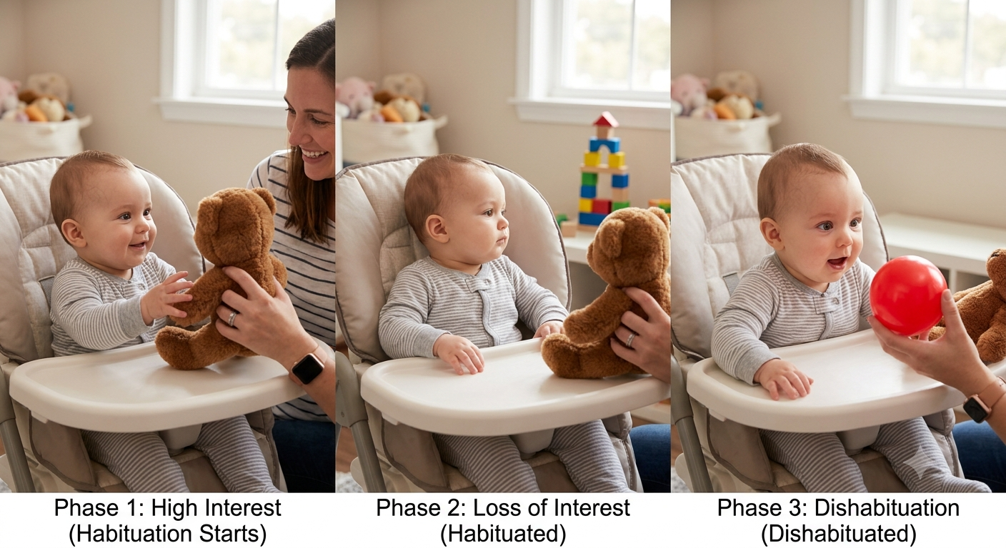<p>- If a <u><mark data-color="#eceaf9" style="background-color: rgb(236, 234, 249); color: inherit;">new sight or sound is presented, the baby's attention is generally captured once again</mark></u>, and the baby will reorient toward the interesting stimulus</p><p><strong>e.g.</strong> A baby looks at the same teddy bear for several minutes and eventually loses interest. Then, someone shows the baby a bright red ball. The baby immediately looks at the new toy.</p><p>- Babies become Interested again when they see a new stimulus after getting used to a familiar one.</p><p>- Measures the baby's ability to detect change.</p><p>- Uses one familiar stimulus, then introduces a new stimulus.</p><p><strong>Purpose:</strong> Tests whether babies can recognize something new.</p>