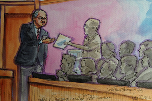 <p>n. 1. The decision reached at the end of a trial. </p><p>2. A judgment or opinion.</p>